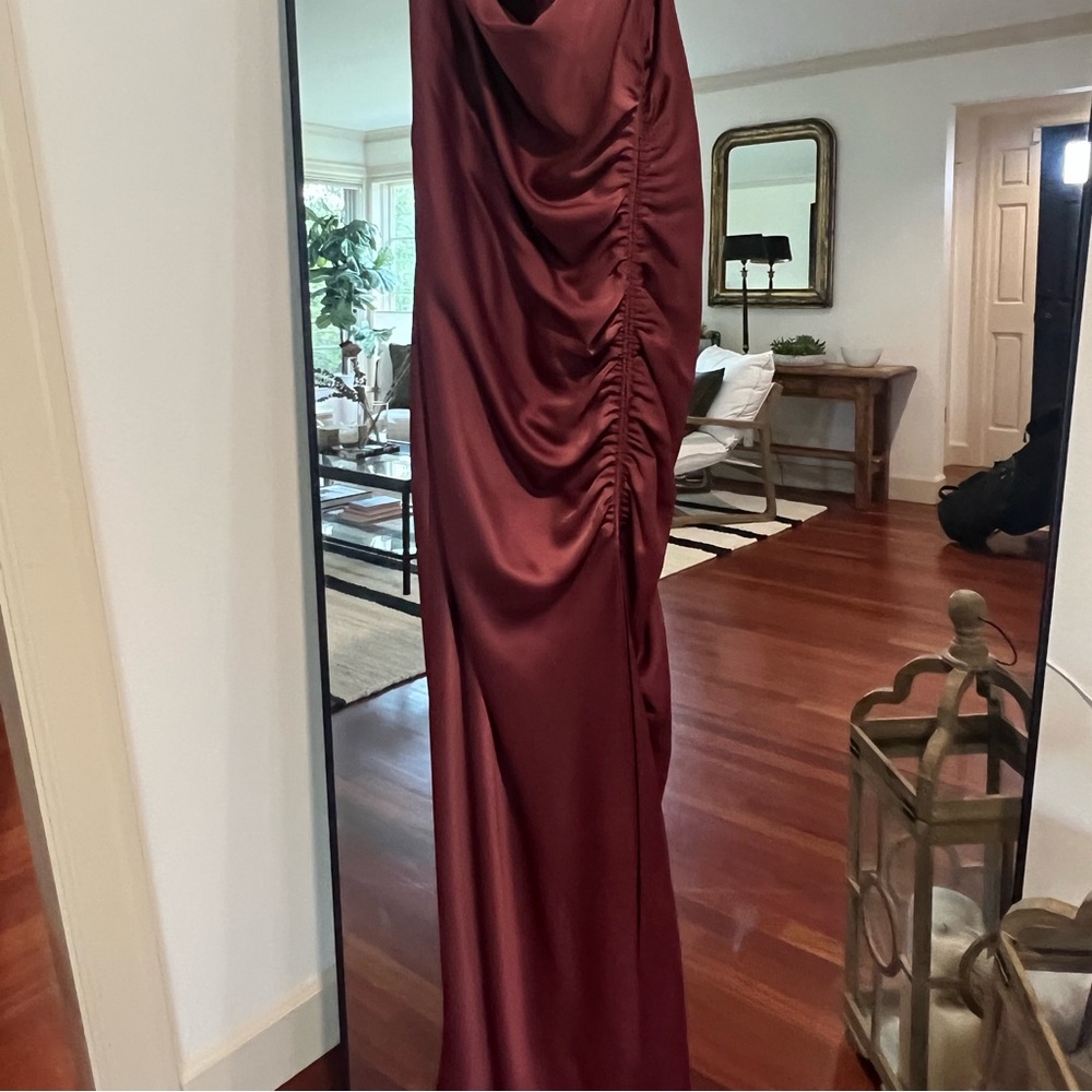 BHLDN JENNINGS COWL-NECK RUCHED SIDE-SLIT SATIN GOWN (Size 10). Like new!